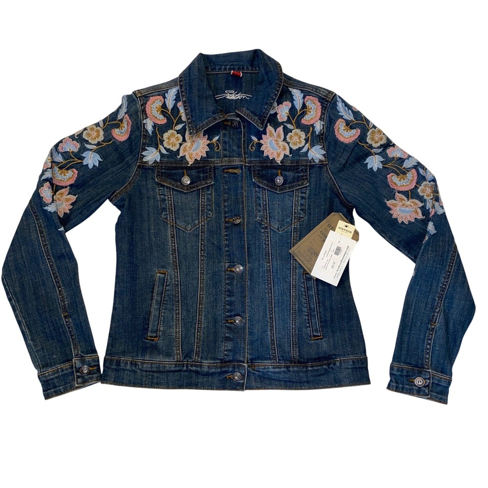 Stetson Womens Floral Embroidered Denim Jacket Medium Wash‎ Blue Coastal Cowgirl